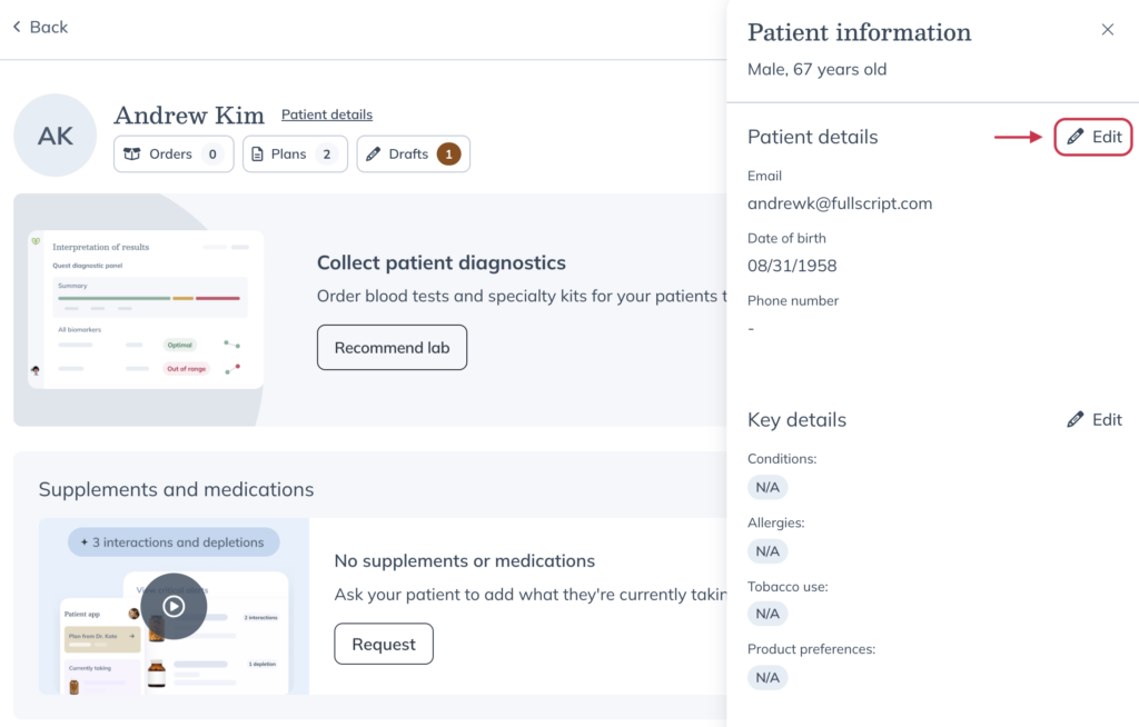 The Patient details drawer with the Edit button highlighted.